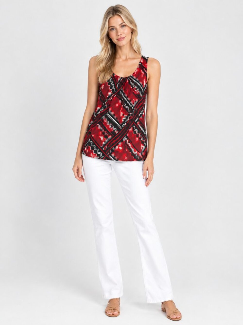 2/$30 Chico's Geometric Print Gathered Scoop Neck Shell Red Black 4 #A4640